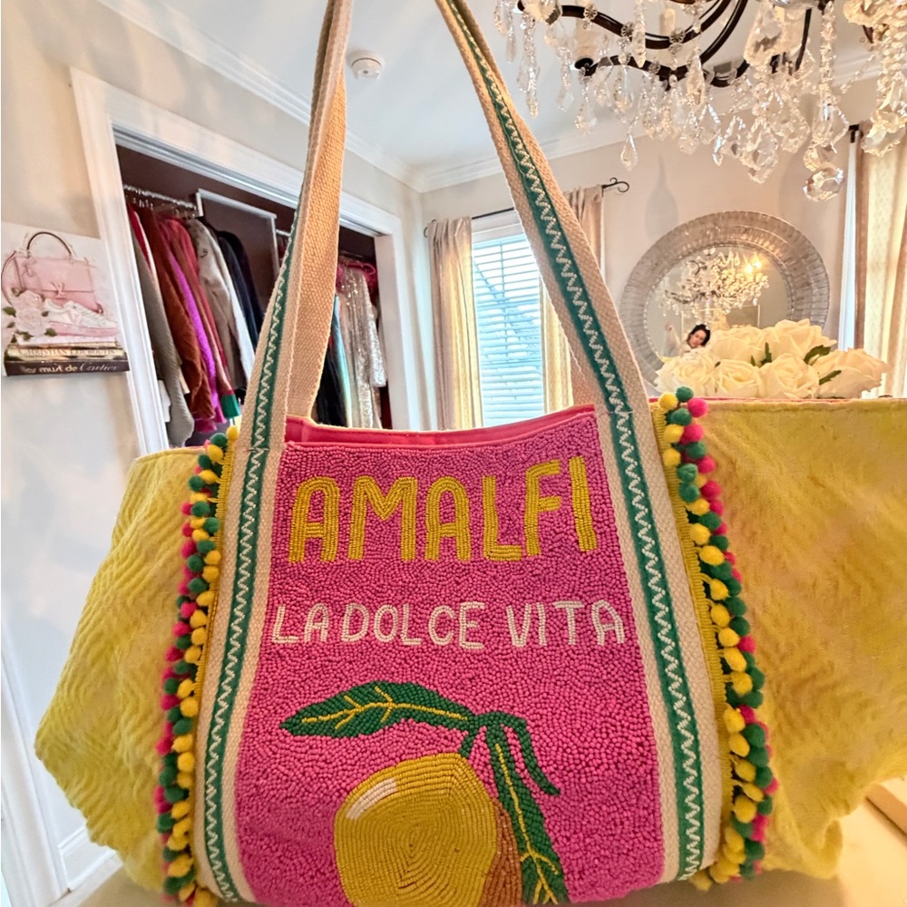 American & Beyond beaded Amalfi Vibrant Pink and Yellow Tote Bag